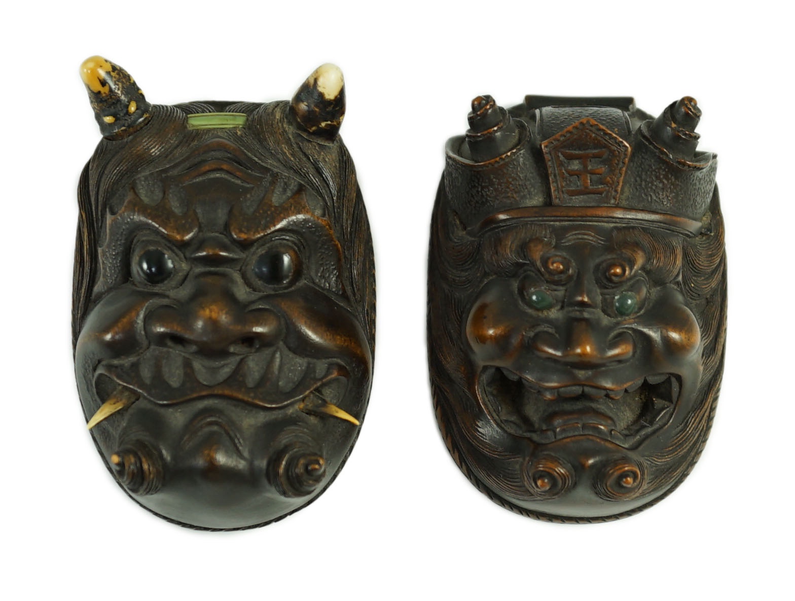 An unusual Japanese double noh mask wood container, early 20th century, 6.6 cm high, tiny losses